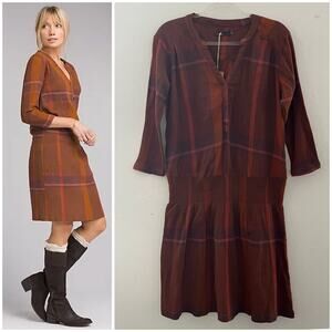 Prana Sugar Pine Dress Large Orange Brown Plaid Organic Cotton Granola Girl NEW